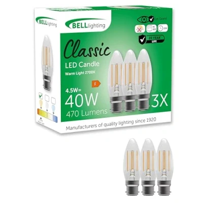 Image of Bell Lighting B22 Bayonet Filament Light Bulb LED Candle 3 Pack Warm White 2700K 470 Lumen 4.5 Watts Energy Saving 40W Halogen Lamp Equivalent Non Dimmable