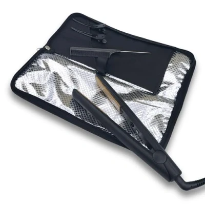 Image of Hair Straightener Mat &amp; Pouch by j&amp;m Heat Resistant Fits ghd, BaByliss Larger Straighteners Zip Up All in One Compact Travel Case
