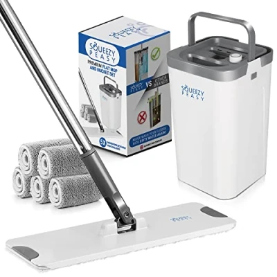 Image of SqueezyPeasy Premium Flat Mop and Bucket Set for Floor Cleaning Compact &amp; Lightweight System with 360 Rotating Head 5 Microfibre Reusable Wet Dry Pads Included 3 Chamber Design