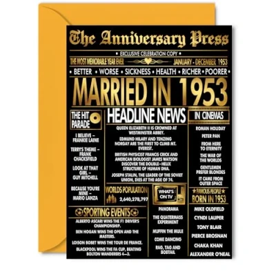 Image of Gold 72nd Anniversary Card for Women Men Golden Newspaper Married in 1953 Happy 72 Year Wedding Wife Companion Husband Partner, 5x7 Inch Anniversaries Greeting Cards