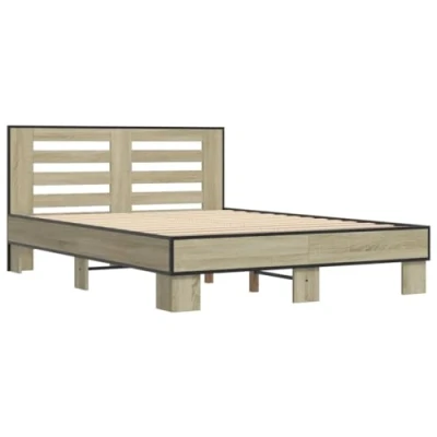 Image of vidaXL Sonoma Oak Bed Frame 140x200 cm Double Bedstead for Bedroom with Engineered Wood/Metal Construction, Headboard, Plywood Slats