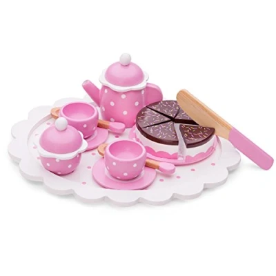 Image of New Classic Toys Wooden Cake Stand Pretend Play Toy for Kids Cooking Simulation Educational and Color Perception Preschool Age Toddlers, Pink, Coffee/Tea Set