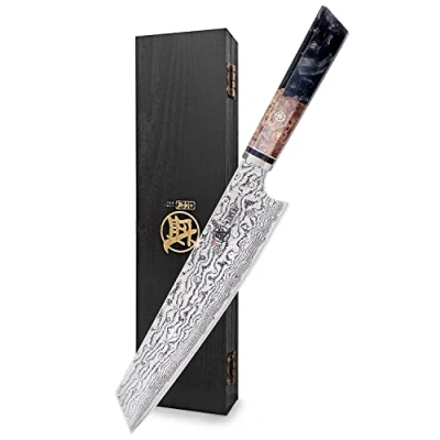 Image of MITSUMOTO SAKARI Japanese Chef Knife, 8 inch Professional Hand Forged Cooking AUS 10 Premium Damascus Steel Kitchen Sashimi Knife (Shadowwood Pomegranate Handle &amp; Sandalwood Box)