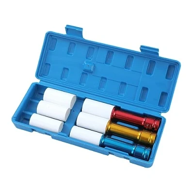 Image of TOPWAY 1/2 Inch Drive Alloy Wheel Impact Extra Deep Socket Set 17mm 19mm 21mm Thin Wall Multicolour Metric Lug Nut Sockets with 3 Plastic Sleeves, Chrome Moly Steel, Storage Case