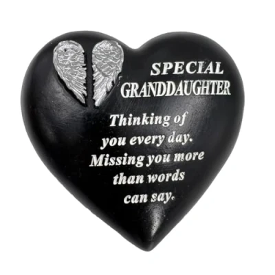 Image of Special Granddaughter Angel Wings Memorial Black Heart Grave Plaque Graveside Ornament Decoration