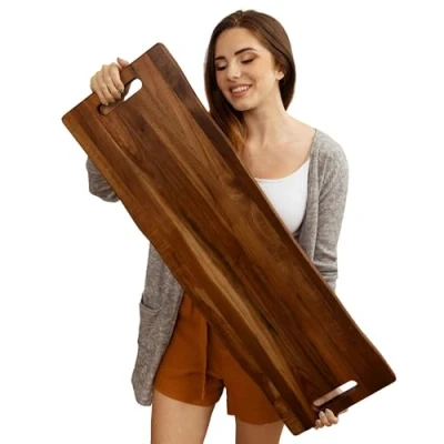 Image of Large Acacia Serving Board with Handles, 36 x 12 Inch Rectangular Charcuterie Platter, Natural Wood Server for Meat, Cheese Board, and Party Appetizers, Extra Long 3ft