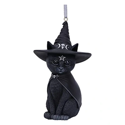 Image of Nemesis Now Cult Cuties Purrah Hanging Ornament 11.5cm, Resin, Black, Scarily Adorable Bewitching Cat Ornament, Witch Cat, Cast in the Finest Expertly Hand Painted