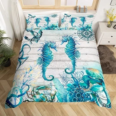 Image of Hippocampus Duvet Cover Set Super King Size, Sea Turtle Seahorse Octopus Comforter with 2 Pillowcases, Nautical Anchor Compass Bedding 3pcs for Kids Boy Girls Marine Life Bedspread