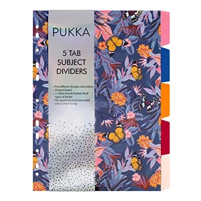 Image of Pukka Pad, Bloom A4 5 Part Divider Set Reversible Subject Dividers with Floral Designs and Bright Colours on Reverse 11 Hole Punch Design 250GSM Board