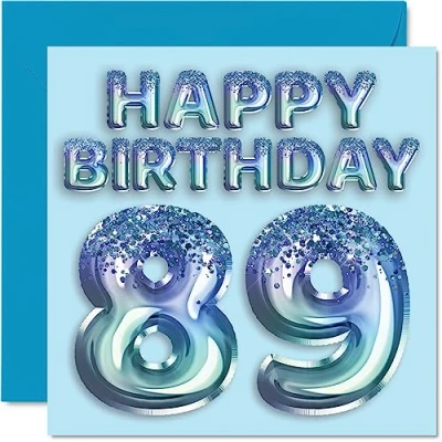 Image of 89th Birthday Card for Men Blue Glitter Party Balloon Happy Cards 89 Year Old Man Great Grandpa Grandad Dad Gran, 145mm x Eighty Nine Ninth Bday Greeting Gift