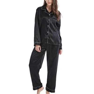 Image of Women’s Pyjama Set Satin Long Sleepwear Nightwear Loungewear (Black with White Piping, Large)