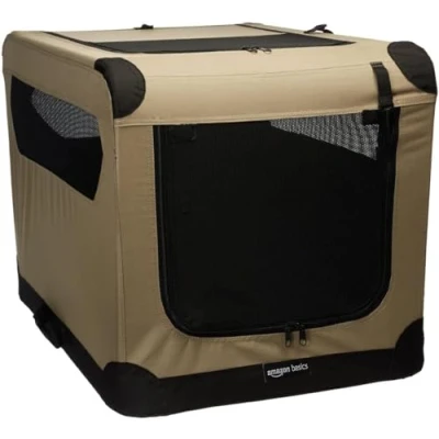 Image of Amazon Basics Foldable Soft Dog Crate with Front and Top Opening, Medium, 76 cm L x 54.1 W H, Beige/Black