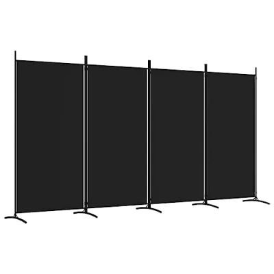 Image of vidaXL Black 4 Panel Room Divider in Polyester Fabric for Living Room, Bedroom Modern Privacy Screen, Foldable Design Easy Storage, Sunlight Blockage, Decorative Background Wall.