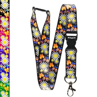 Image of Rolseley Multicolour Lanyard Neck Strap with Floral Daisies Black Pattern Safety Breakaway (1 Black)