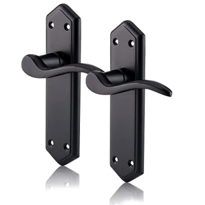Image of XFORT Black Beauty Range Matt London Suite Lever Latch Handles, Shaped Long Backplate Door Contemporary Handle Set for Internal Wooden Doors (1 Pair)