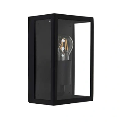 Image of MiniSun Modern IP44 Rated Black &amp; Glass Rectangular Outdoor Security Wall Light Lantern Complete with a 4w LED Filament Bulb [2700K Warm White]