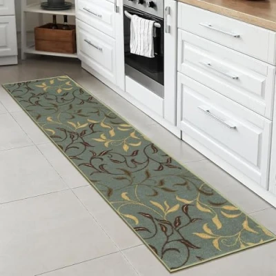 Image of Ottomanson Ottohome Collection Contemporary Leaves Design Rubber Back Runner Rug , 57 cm x 210 cm, Seafoam