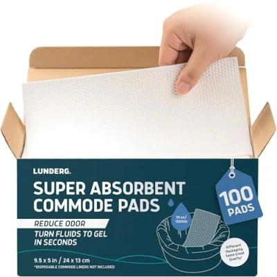 Image of Lunderg Super Absorbent Commode Pads Medical Grade Value Pack 100 Count for Bedside Liners Disposable, Adult Chair, Portable Toilet Bags or Camping Make Life so Much Easier