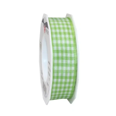 Image of C.E. Pattberg Präsent Vichy Wired Ribbon Lime Green White 25 mm width, 20 m length