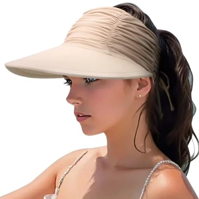 Image of DRESHOW Women Visor Sun Hat Wide Brim Adjustable Foldable Ponytail Beach Summer UV Protection Outdoor Cap UPF 50+