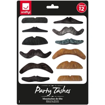 Image of Smiffys Party Tashes, Assorted Designs &amp; Colours, 12Pk, Self Adhesive, Cosmetics and Disguises Fancy Dress, Adult Dress Up Disguises.