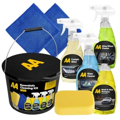 Image of AA Car Cleaning Kit, 8 Piece Set with 4 Cleaners, Microfibre Cloths, Sponge and Bucket