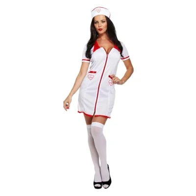 Image of HENBRANDT Adult Women’s Sexy Nurse Dress with Nursing Cap Fancy Costume Nurses White Mini Halloween Hen Party Up Outfit One Size Ladies