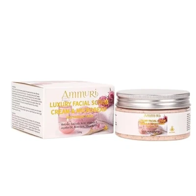 Image of Retinol Luxury Facial Exfoliating Scrub Cream + Microbeads Rose for Youthful Radiant Skin Best Jojoba Oil, Aloe Vera, Shea Butter Face Care 100g