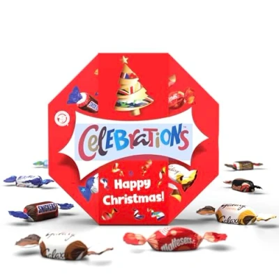 Image of Celebrations Milk Personalised, &#039;Happy Christmas&#039; sleeved Chocolate Gift Box of Mini Chocolates &amp; Biscuit Bars Centerpiece 385g