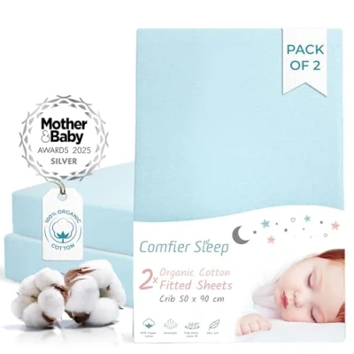 Image of Crib Sheets 50x90cm Fully Fitted and 100% Organic Cotton Completely Natural Baby Blue color Set of 2 Ultra soft Comfortable for Your 50 x 90 cm size