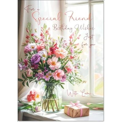 Image of doodlecards Special Friend Birthday Card Flower Bouquet and present Medium Size with Plain Envelope