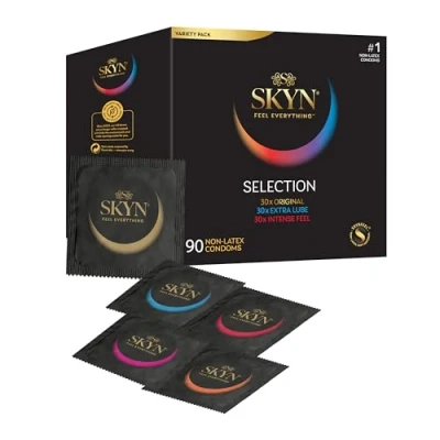 Image of SKYN Selection Condoms Pack of 90 / Skynfeel Latex Free for Men, 30 x Original, Intense Feel, Extra Lube, Regular Size Condoms, Thin 53mm Wide