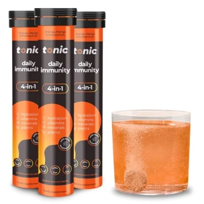 Image of Tonic Health Daily Immunity Tablets 4 in 1 Effervescent Multivitamins, Minerals &amp; Phytonutrients Vitamin D, C and Zinc Vegan, No Sugar Max Strength Tablets, Orange Mango, 60 Count