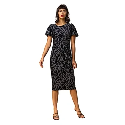 Image of Roman Womens Animal Print Velvet Dress Black Size 10 UK