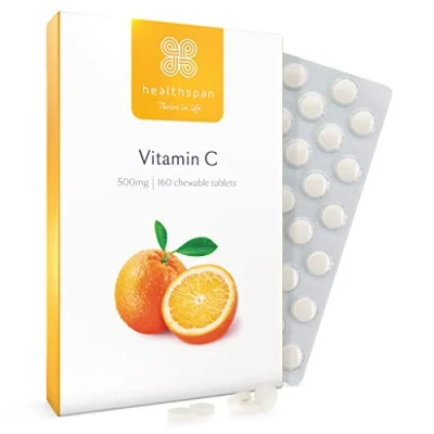 Image of Healthspan Vitamin C 500mg (160 Chewable Tablets) Supports Immune &amp; Nervous Systems Boosts Energy Levels Psychological Function Added Natural Citrus Bioflavonoids Free of Aspartame Vegan