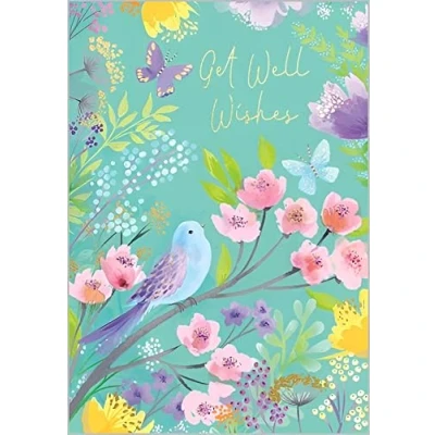 Image of Artistic Female Get Well Soon Card (ABA 11700) Bird on Blossom Branch Pretty Foil Finish Greeting for Her From Abacus Cards