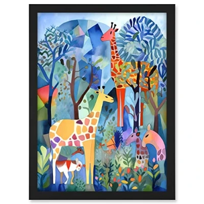 Image of Artery8 Grazing Animals Folk Art Watercolour Painting Artwork Framed A3 Wall Print