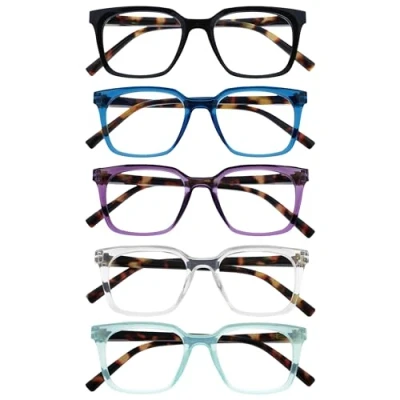 Image of OPULIZE KOI Reading Glasses 5 Pack Large Rectangular Frame Black Blue Purple Clear Aqua Mens Womens Spring Hinges RRRRR50 135CQ +1.50