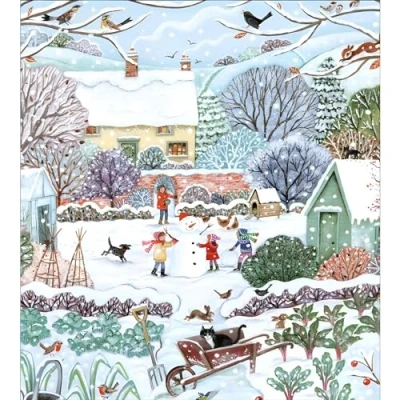 Image of Charity Christmas Cards Supporting Age UK, British Heart Foundation, Marie Curie and Mind Pack of 5 Winter Garden Snowman Made in the UK Eco Friendly