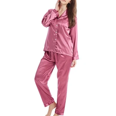 Image of Women’s Pyjama Set Satin Long Sleepwear Nightwear Loungewear (Light Burgundy, Medium)