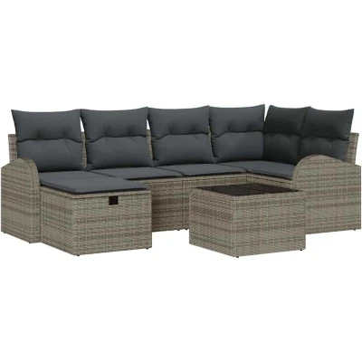Image of vidaXL 7 Piece Garden Sofa Set with Cushions Grey Poly Rattan