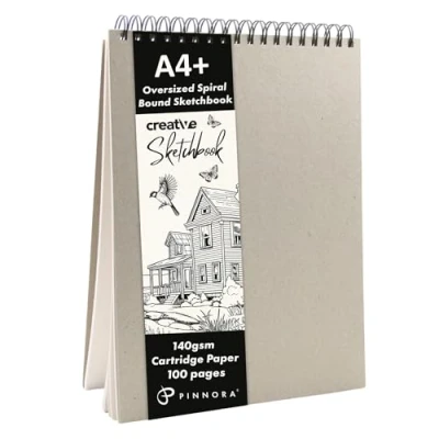Image of Pinnora Creative A4+ Sketchbook, 3D Twin Wire Spiral Bound Sketch Book, 100 pages of mixed media Art paper 140gsm, Sketchbook A4, Greyboard Drawing Pad Cover, &amp; Book for all Artists