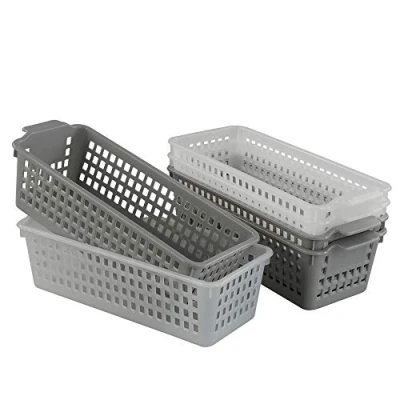 Image of Dynko 6 pack Slim Plastic Storage Baskets, Grey and Clear Narrow Baskets