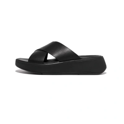 Image of Fitflop Flatform Cross Slides Heeled mules, Women&#039;s, Size: 8, Black Leather