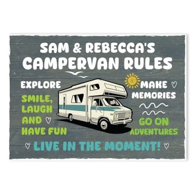 Image of Red Ocean Campervan RULES Sign Personalised Wall Door Plaque Novelty For Home Gift Men Women Lover Accessories Him Her Friendship