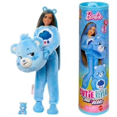 Image of Barbie Cutie Reveal Care Bears Series Doll &amp; Accessories Set with Grumpy Bear Plush Costume 10 Surprises Including Color Change Mini Bear, JCN96