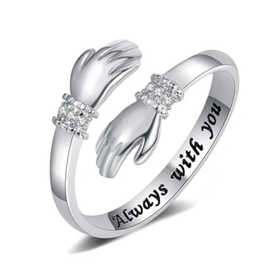 Image of Yifnny Hug Ring, Engraved Words Hugging Hands Open Ring Adjustable Couple Women Mens Rings Friendship Mothers Day Jewelry Gifts (Always with you,2)