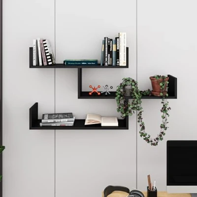 Image of HOCUS PICUS Tibet 3 Tier Wall Shelf, Modern Design, Piece Floating Many Colour Options, Easy to Assemble, Living Room Office Storage 119x 66.5x22cm (Black)