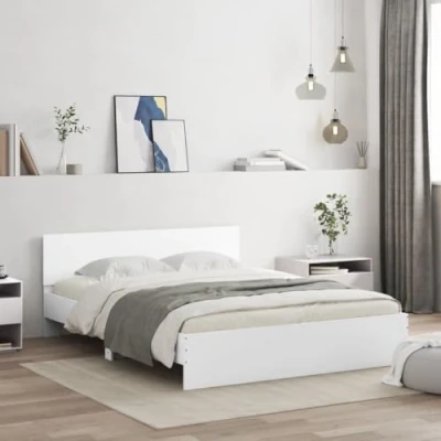 Image of vidaXL King Size Bed Frame with LED Headboard White Engineered Wood 150x200 cm Plywood Slats for Bedroom Comfort