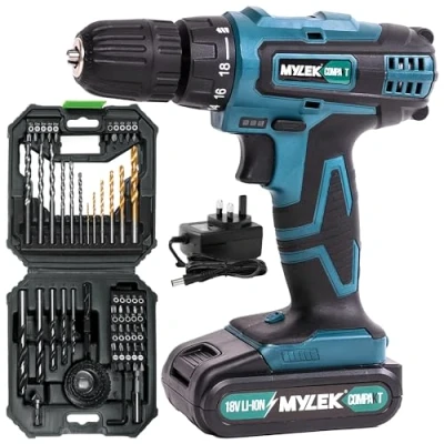 Image of MYLEK 18V Cordless Drill Lithium Ion Drills Driver Screwdriver Set 13 Piece Combi Accessory Kit LED Worklight, 18 Volts Blue/Black with 4ORCE (56 Piece)